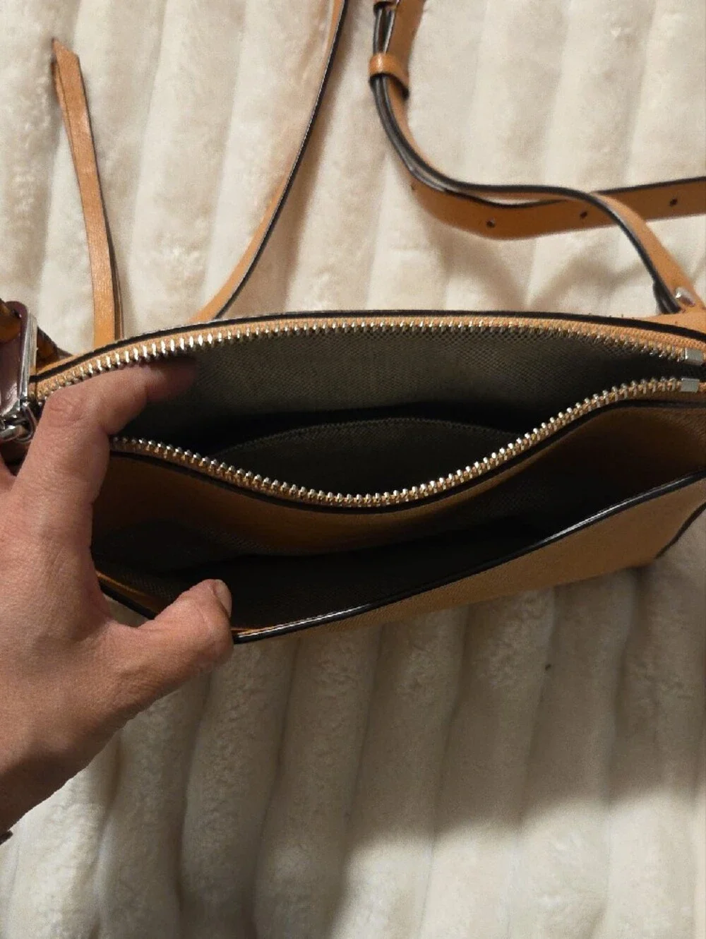 Rebecca Minkoff Mustard Tan Leather Crossbody with Silver Ring
